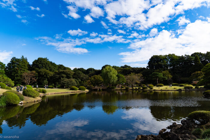 御苑の青空と日本庭園の池